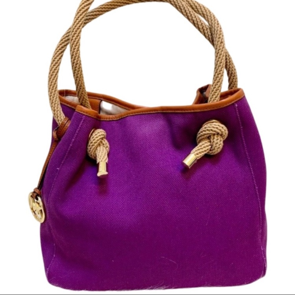 MICHAEL KORS Purple Canvas Nautical Knot Rope Handles MARINA Bucket Tote